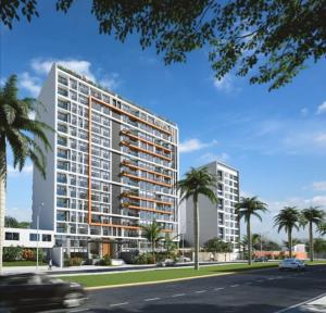 リマにあるEL PRAT Luxury Aparment Lima Peruのヤシの木が植えられた高い建物の建築図