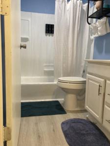 La salle de bains blanche est pourvue d'une douche et de toilettes. dans l'établissement Comfortable and quiet apartment minutes from downtown in Thomasville!, à Thomasville