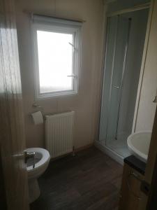 a bathroom with a toilet and a sink and a window at The Powers in Rhyl