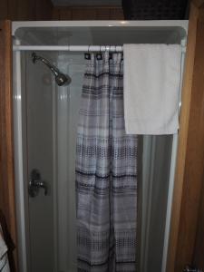 ducha con cortina de ducha y toalla en Sleeping Bear Riverside Cabins - Cabin #4, en Honor