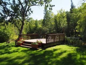 a wooden deck with potted plants in a yard at Sleeping Bear Riverside Cabins - Cabin #3 in Honor