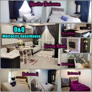 a collage of four pictures of a hotel room at D&Q METROCITY GUESTHOUSE in Kuching