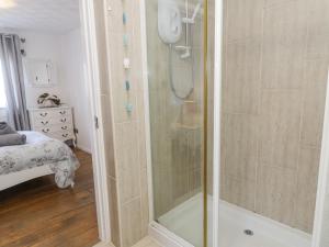 a shower with a glass door in a bathroom at Minerva in Holyhead