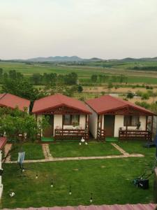 a group of houses with red roofs in a field at La 3 Casute in Nufăru