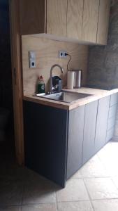 a kitchen with a sink and a counter top at Shiro - traditional stone villa in Agriliá