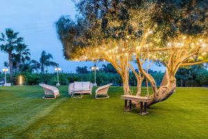 una mesa y sillas bajo un árbol con luces en El Bancalito Suites and Garden, en Los Montesinos