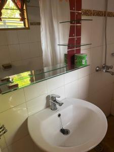 lavabo blanco en el baño con espejo en Livingstone Legacy Lodge, en Arusha