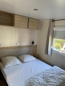 a bedroom with a bed with two pillows and a window at Au lac des rêves in Lattes