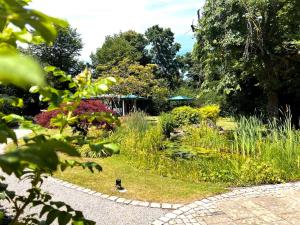 a garden with a pond and many plants at Altes Forsthaus Boppard in Boppard