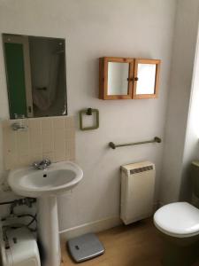 een badkamer met een wastafel, een toilet en een spiegel bij 4 Kames Bay in Millport