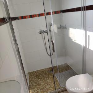 a shower with a glass door next to a toilet at Apartament pod Lipą in Kłodzko