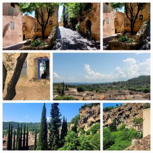 un collage di foto con alberi e edifici di Charmant Duplex au cœur du village a Cotignac