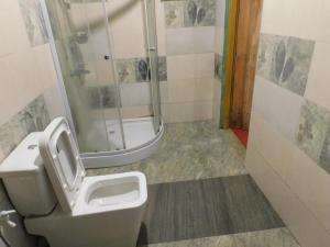 a bathroom with a toilet and a shower at SHADOW MASK BUNGALOW in Pattipola