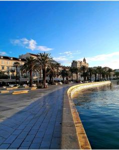 una calle con palmeras y una piscina de agua en Apartment Toby en Split