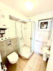 La salle de bains est pourvue d'une douche, de toilettes et d'un lavabo. dans l'établissement Apartment A2 - Prvi zal, à Lumbarda