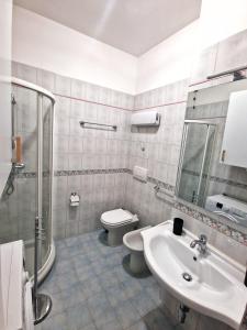 La salle de bains est pourvue de toilettes, d'un lavabo et d'une douche. dans l'établissement LA BUSSOLA HOME, à Marina di Massa