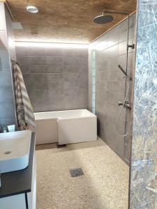 La salle de bains est pourvue d'une baignoire, d'un lavabo et d'une douche. dans l'établissement Ristimäenkatu, à Mikkeli