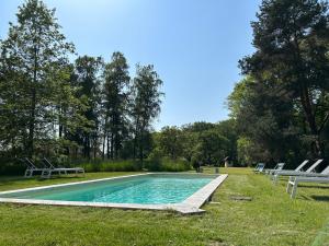 - une piscine entourée de chaises longues dans la pelouse dans l'établissement Les Callots - Maison d'hôtes, à Champignelles