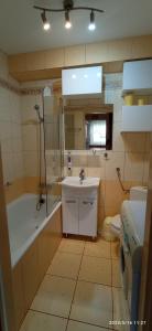 łazienka z umywalką, wanną i toaletą w obiekcie Apartament NEMO we Władysławowie