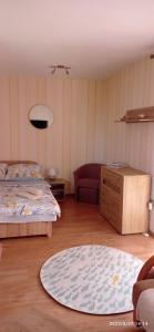 sypialnia z łóżkiem i dywanem na drewnianej podłodze w obiekcie Apartament NEMO we Władysławowie