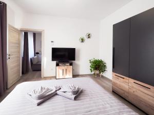 a white room with a bed and a tv at Ben Apartments in Sibiu