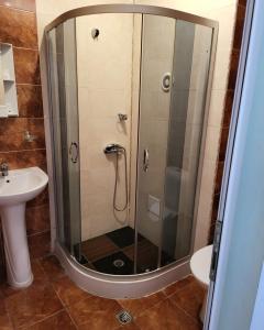 y baño con ducha y puerta de cristal. en Provans famili hotel, en Lyetnitsa