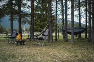 two chairs and a hammock and a fire in a park at Apartman Djokovic in Žabljak