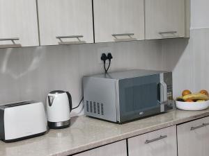 a kitchen counter with a microwave and a bowl of fruit at Motebong Villa in Maseru