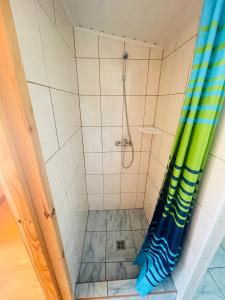 a shower with a blue and green shower curtain at Žuvėdrų 30 in Šventoji
