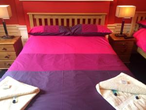 1 dormitorio con 1 cama con sábanas rosas y moradas en Adam Drysdale House, en Edimburgo