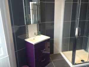 y baño con lavabo y ducha. en Adam Drysdale House, en Edimburgo