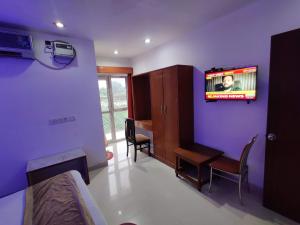 a bedroom with purple walls and a tv on a wall at Euro Star Inn in Khajurāho