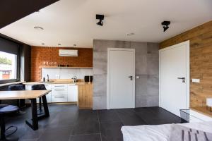 SkrzyszówにあるHostel Dzika Kaczkaの白いキャビネット、テーブル、カウンター付きのキッチン +11枚の写真