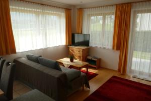 salon z kanapą, telewizorem i oknami w obiekcie Apartment Neuhauser w mieście Kramsach