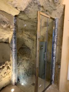 a bathroom with a glass shower in a stone wall at Ai Leoni Ruggenti - Giardino Segreto con Vista sul Monferrato in Ottiglio