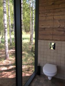 a bathroom with a toilet in the woods at Kuldi Mirror House 