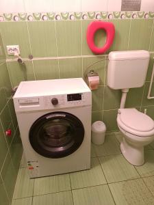 een badkamer met een wasmachine en een toilet bij Casa Vlad in Constanţa