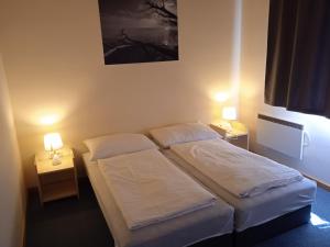 2 camas individuales en una habitación con 2 lámparas en Aszófői Panoráma Apartmanház, en Aszófő