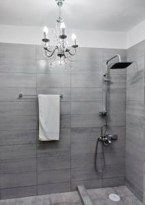 La salle de bains est pourvue d'une douche et d'un lustre. dans l'établissement Niki's Dream House, à Ierápetra