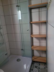 a bathroom with a shower with a glass door at Domek letniskowy Młyn in Karwieńskie Błoto Pierwsze