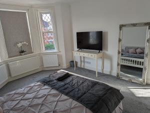 a bedroom with a mirror and a bed and a tv at Cosy Bee in Bournemouth