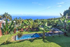 a backyard with a swimming pool and the ocean at L'escapade créole Jacuzzi Privatif Bungalow Bananier in Saint-Joseph