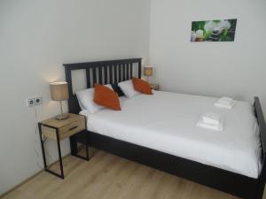 1 dormitorio con 2 camas con almohadas de color naranja y mesita de noche en Centre Apartments, en Viena