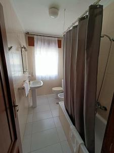 a bathroom with a shower and a sink and a toilet at Hotel Palacios in Sanxenxo