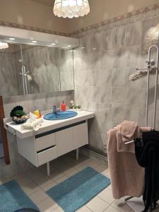 La salle de bains est pourvue d'un lavabo et d'un miroir. dans l'établissement La pommeraie76, à Saint-Ouen-sous-Bailly