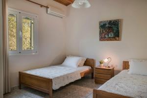 2 camas en una habitación con 2 ventanas en Kefalonian Sea View Home, en Svoronata