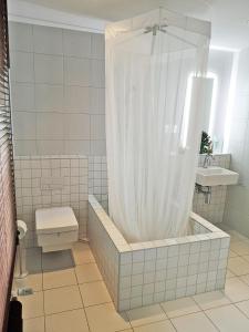 La salle de bains est pourvue d'une douche, de toilettes et d'un lavabo. dans l'établissement Münsing Nähe Starnberger See, schöne Ferienwohnung, Gästewohnung 125qm EG und OG KONTAKTFREI, à Münsing