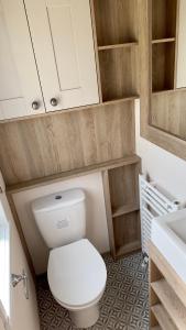 a small bathroom with a toilet and a sink at Luxury Hotub Lodge with Lake View at Tattershall Lakes in Tattershall