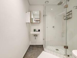uma casa de banho com um chuveiro e um lavatório. em Secure Elegant Apartment Near Sea Point em Cidade do Cabo