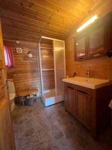 ein Bad mit einem Waschbecken und einer Dusche in einer Kabine in der Unterkunft Cozy and spacious cabin in Svensby